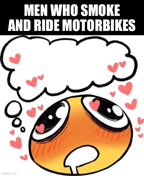 I hav a conservative dating ideal UwU | MEN WHO SMOKE AND RIDE MOTORBIKES | image tagged in dreaming drooling emoji,conservative,dating,heterosexual,femcel,funny | made w/ Imgflip meme maker