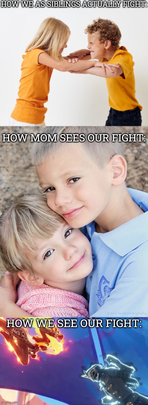 We see our fight as legendary. | HOW WE AS SIBLINGS ACTUALLY FIGHT:; HOW MOM SEES OUR FIGHT:; HOW WE SEE OUR FIGHT: | image tagged in funny,siblings,fight | made w/ Imgflip meme maker