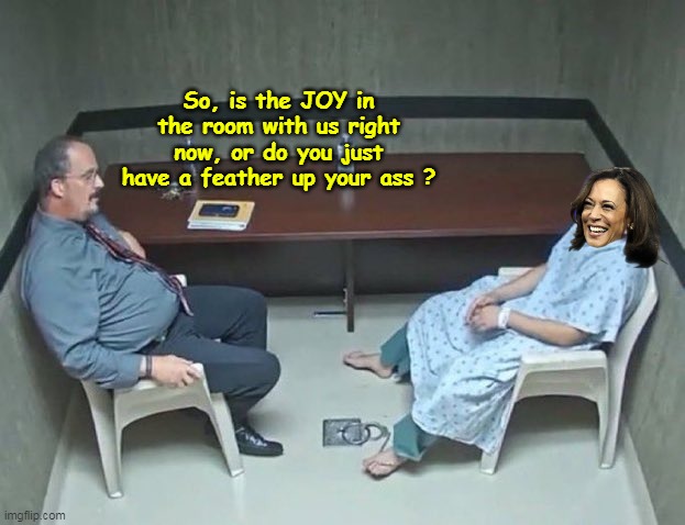 Cackle your way to the WH | So, is the JOY in the room with us right now, or do you just have a feather up your ass ? | image tagged in kamala joy meme | made w/ Imgflip meme maker