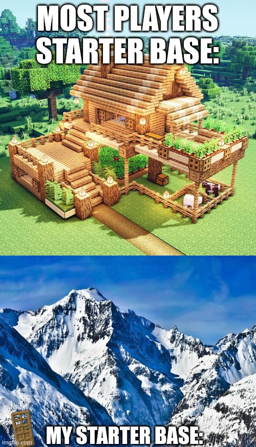 Hole in a mountain is W | MOST PLAYERS STARTER BASE:; MY STARTER BASE: | image tagged in minecraft house,mountain | made w/ Imgflip meme maker