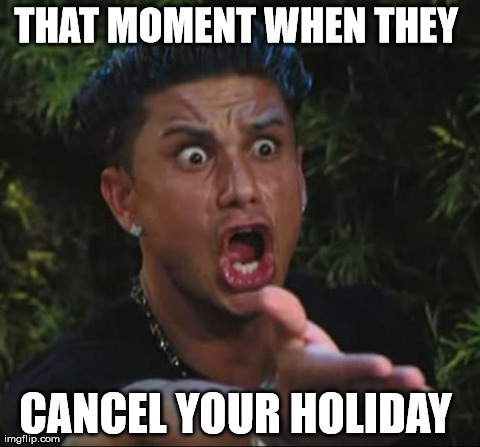 DJ Pauly D | THAT MOMENT WHEN THEY  CANCEL YOUR HOLIDAY | image tagged in memes,dj pauly d | made w/ Imgflip meme maker