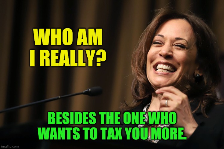 Kamala Harris Laughing | WHO AM I REALLY? BESIDES THE ONE WHO WANTS TO TAX YOU MORE. | image tagged in kamala harris laughing | made w/ Imgflip meme maker