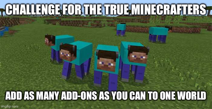 Afterwards, post your results | CHALLENGE FOR THE TRUE MINECRAFTERS; ADD AS MANY ADD-ONS AS YOU CAN TO ONE WORLD | image tagged in me and the boys | made w/ Imgflip meme maker