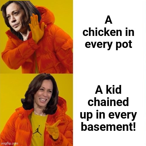 Hundreds of thousands of migrant children missing | A chicken in every pot; A kid chained up in every basement! | image tagged in kamala harris hotline bling,migrants,illegal immigrants,children,democrats,memes | made w/ Imgflip meme maker