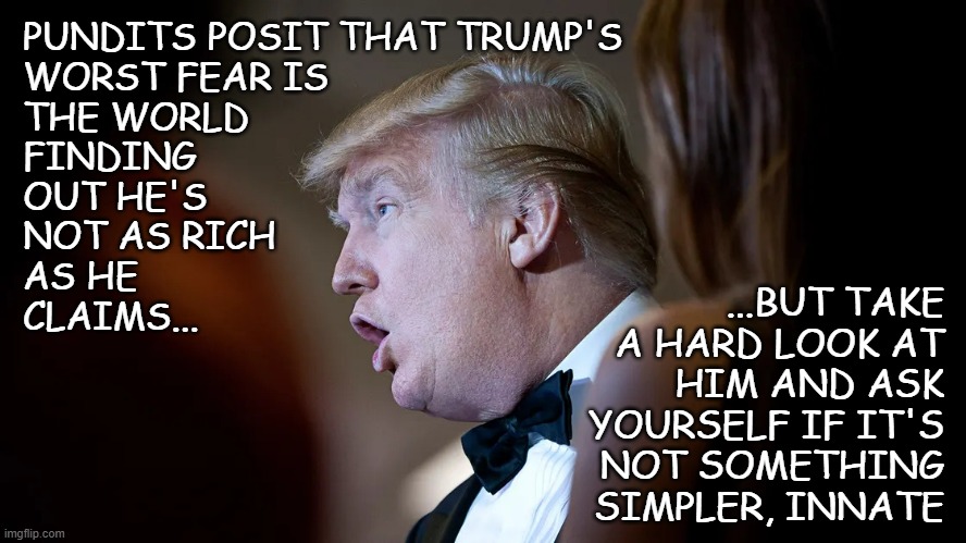 Question: what would make a person cling to the same hairstyle like it was a life preserver for 70+ years? | PUNDITS POSIT THAT TRUMP'S
WORST FEAR IS
THE WORLD
FINDING
OUT HE'S
NOT AS RICH
AS HE
CLAIMS... ...BUT TAKE
A HARD LOOK AT
HIM AND ASK
YOURSELF IF IT'S
NOT SOMETHING
SIMPLER, INNATE | image tagged in trump derp,microcephaly,trump unfit unqualified dangerous,special officer doofy | made w/ Imgflip meme maker