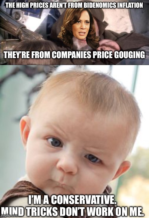 THE HIGH PRICES AREN’T FROM BIDENOMICS INFLATION; THEY’RE FROM COMPANIES PRICE GOUGING; I’M A CONSERVATIVE. MIND TRICKS DON’T WORK ON ME. | image tagged in memes,these aren't the droids you were looking for,skeptical baby | made w/ Imgflip meme maker