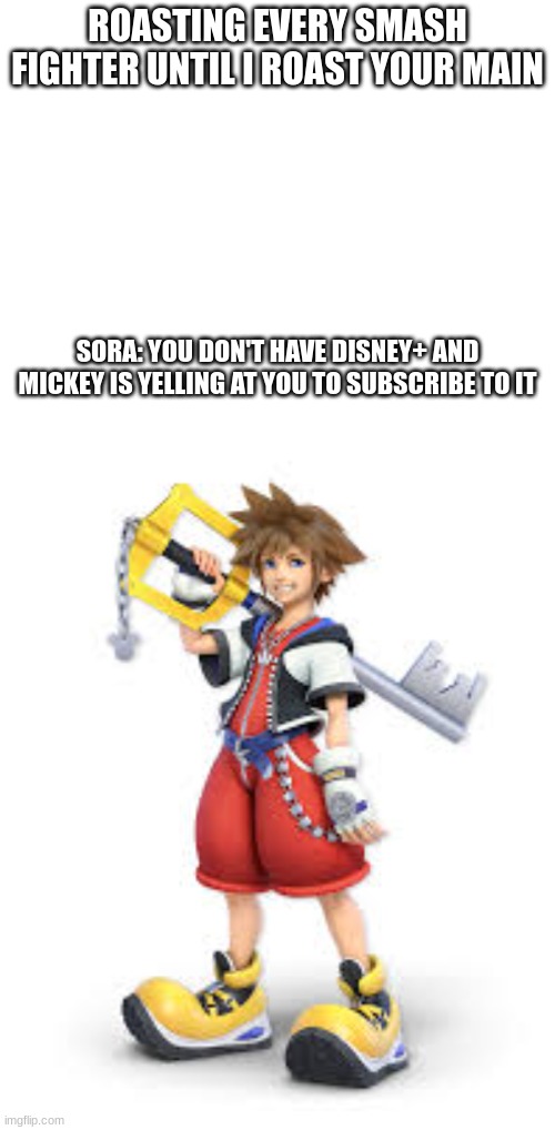 Roasting every Fighter until I roast your main! | ROASTING EVERY SMASH FIGHTER UNTIL I ROAST YOUR MAIN; SORA: YOU DON'T HAVE DISNEY+ AND MICKEY IS YELLING AT YOU TO SUBSCRIBE TO IT | made w/ Imgflip meme maker