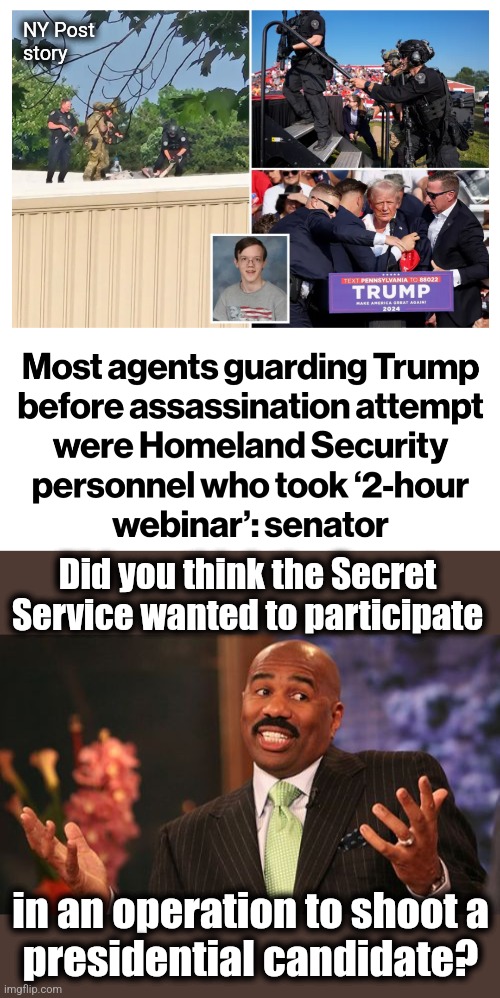 NY Post
story; Did you think the Secret Service wanted to participate; in an operation to shoot a
presidential candidate? | image tagged in memes,steve harvey,secret service,trump assassination operation,democrats,dhs stand-ins | made w/ Imgflip meme maker