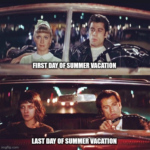 First and last day of summer | FIRST DAY OF SUMMER VACATION; LAST DAY OF SUMMER VACATION | image tagged in on the way to-on the way back,summer vacation,back to school,parenting,school,funny memes | made w/ Imgflip meme maker