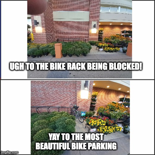 Bike parking | UGH TO THE BIKE RACK BEING BLOCKED! YAY TO THE MOST BEAUTIFUL BIKE PARKING | image tagged in double meme template | made w/ Imgflip meme maker