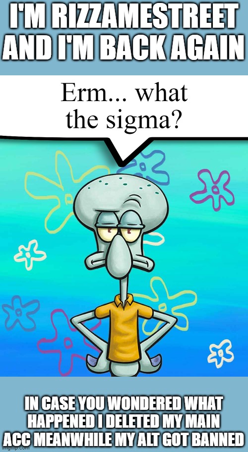 Erm... what the sigma? | I'M RIZZAMESTREET AND I'M BACK AGAIN; IN CASE YOU WONDERED WHAT HAPPENED I DELETED MY MAIN ACC MEANWHILE MY ALT GOT BANNED | image tagged in erm what the sigma | made w/ Imgflip meme maker