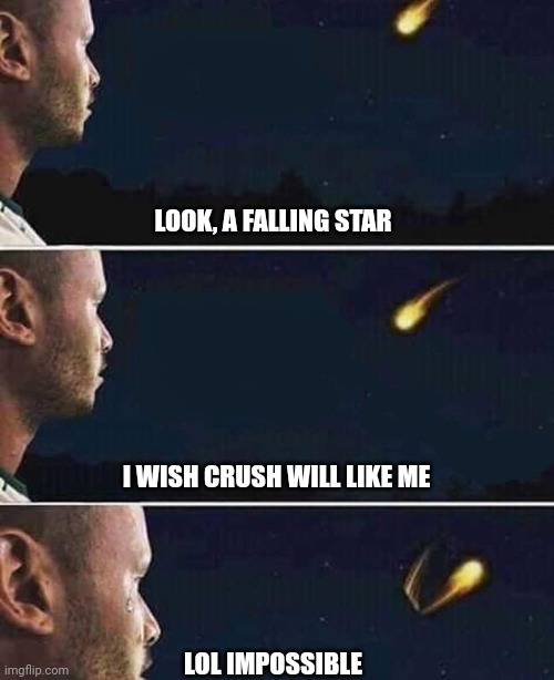 look a falling star meme | LOOK, A FALLING STAR; I WISH CRUSH WILL LIKE ME; LOL IMPOSSIBLE | image tagged in look a falling star meme | made w/ Imgflip meme maker