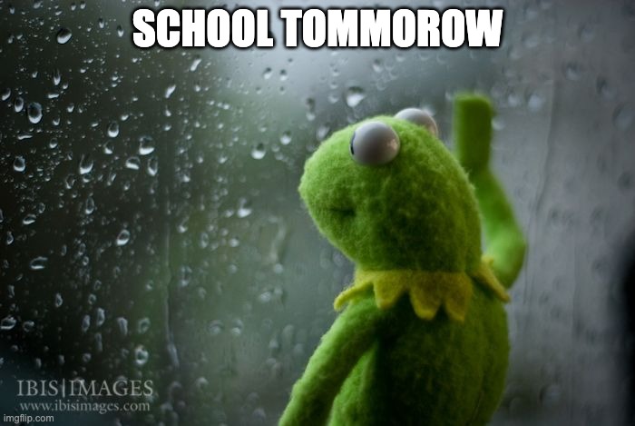 kermit window | SCHOOL TOMMOROW | image tagged in kermit window | made w/ Imgflip meme maker