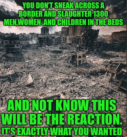 Yep | YOU DON’T SNEAK ACROSS A BORDER AND SLAUGHTER 1300 MEN,WOMEN ,AND CHILDREN IN THE BEDS; AND NOT KNOW THIS WILL BE THE REACTION. IT’S EXACTLY WHAT YOU WANTED | image tagged in gaza | made w/ Imgflip meme maker