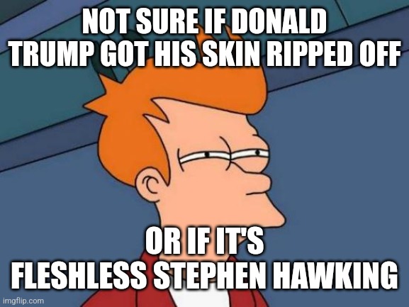 Futurama Fry Meme | NOT SURE IF DONALD TRUMP GOT HIS SKIN RIPPED OFF OR IF IT'S FLESHLESS STEPHEN HAWKING | image tagged in memes,futurama fry | made w/ Imgflip meme maker