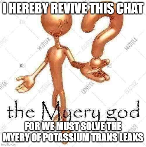 the Myery god | I HEREBY REVIVE THIS CHAT; FOR WE MUST SOLVE THE MYERY OF POTASSIUM TRANS LEAKS | image tagged in the myery god | made w/ Imgflip meme maker