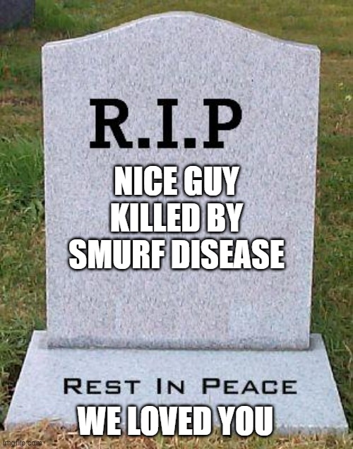 RIP headstone | NICE GUY KILLED BY SMURF DISEASE WE LOVED YOU | image tagged in rip headstone | made w/ Imgflip meme maker