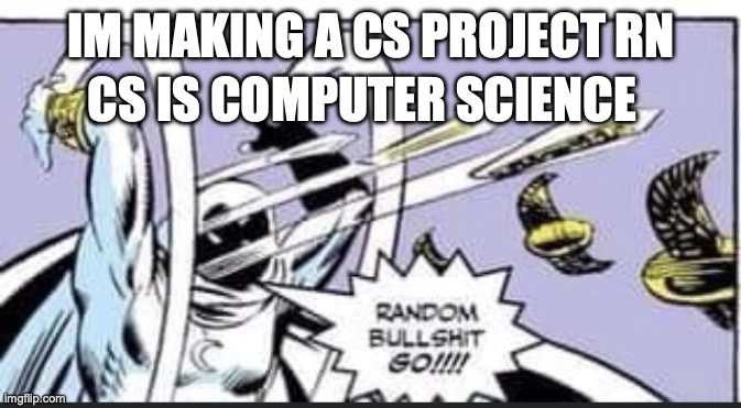 Random Bullshit Go | IM MAKING A CS PROJECT RN; CS IS COMPUTER SCIENCE | image tagged in random bullshit go | made w/ Imgflip meme maker