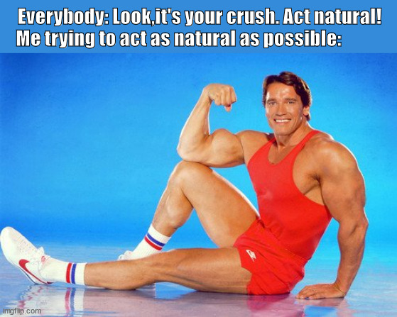 Trying to impress the girl that you like isn't as easy as you think | Everybody: Look,it's your crush. Act natural!
 Me trying to act as natural as possible: | image tagged in arnold schwarzenegger flex | made w/ Imgflip meme maker