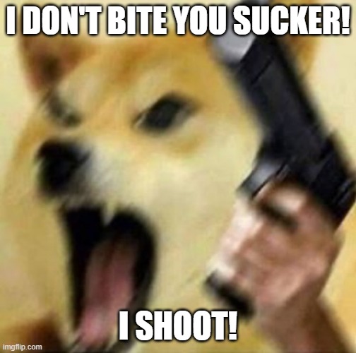 Angry doge with gun | I DON'T BITE YOU SUCKER! I SHOOT! | image tagged in angry doge with gun | made w/ Imgflip meme maker