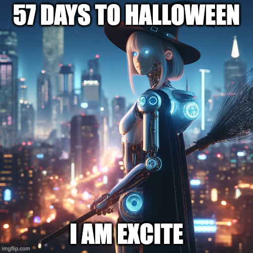 I am excite for halloween | 57 DAYS TO HALLOWEEN; I AM EXCITE | image tagged in young urban robot witch | made w/ Imgflip meme maker