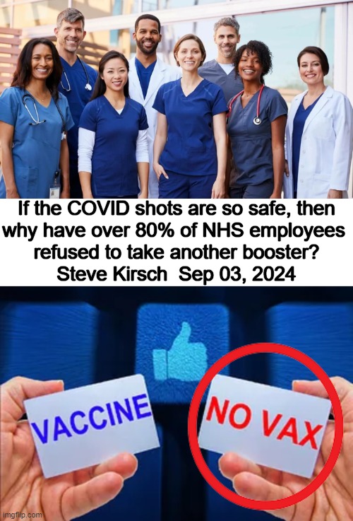 Hard to believe there are STILL people who take the jab! | If the COVID shots are so safe, then

why have over 80% of NHS employees 
refused to take another booster?

Steve Kirsch  Sep 03, 2024 | image tagged in vaccine or no vax,people who don't know vs people who know,nhs,side effects,statistics,covid vaccine | made w/ Imgflip meme maker