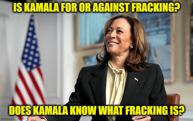 flip-flopping without a clue | IS KAMALA FOR OR AGAINST FRACKING? DOES KAMALA KNOW WHAT FRACKING IS? | image tagged in kamala harris | made w/ Imgflip meme maker