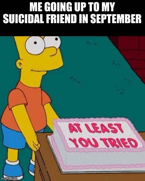 I actually did that | ME GOING UP TO MY SUICIDAL FRIEND IN SEPTEMBER | image tagged in at least you tried | made w/ Imgflip meme maker