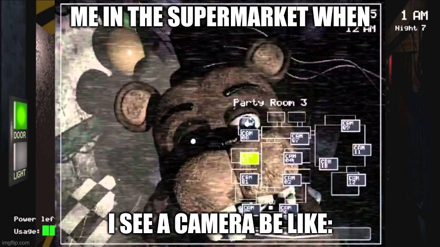 Oops | ME IN THE SUPERMARKET WHEN; I SEE A CAMERA BE LIKE: | image tagged in fnaf 2 old freddy | made w/ Imgflip meme maker