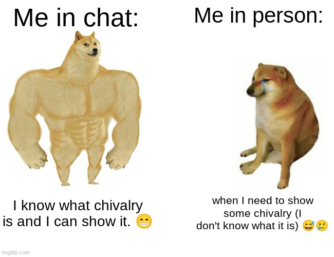 Buff Doge vs. Cheems | Me in chat:; Me in person:; I know what chivalry is and I can show it. 😁; when I need to show some chivalry (I don't know what it is) 😅🥲 | image tagged in memes,buff doge vs cheems | made w/ Imgflip meme maker