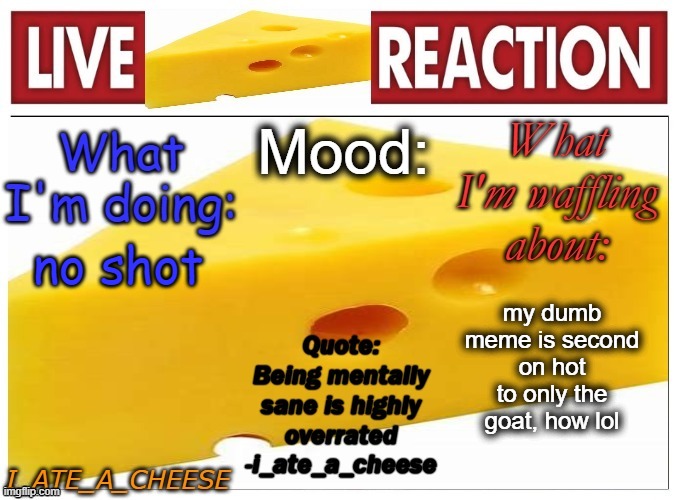 . | no shot; my dumb meme is second on hot to only the goat, how lol | made w/ Imgflip meme maker