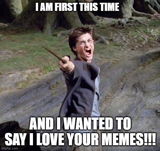 Harry potter | I AM FIRST THIS TIME AND I WANTED TO SAY I LOVE YOUR MEMES!!! | image tagged in harry potter | made w/ Imgflip meme maker