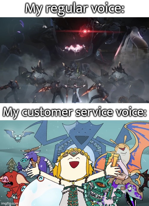 It's always important to have a nice voice to the customers, even though we have a very brutal voice. | My regular voice:; My customer service voice: | image tagged in memes,funny,voice | made w/ Imgflip meme maker