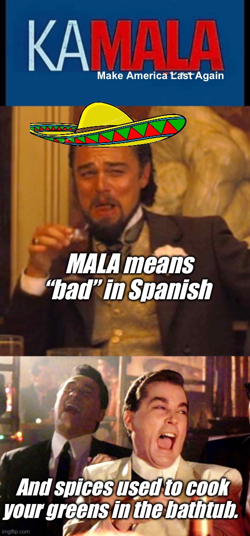 Truth in advertising | Make America Last Again; MALA means “bad” in Spanish; And spices used to cook your greens in the bathtub. | image tagged in memes,laughing leo,good fellas hilarious,politics lol | made w/ Imgflip meme maker