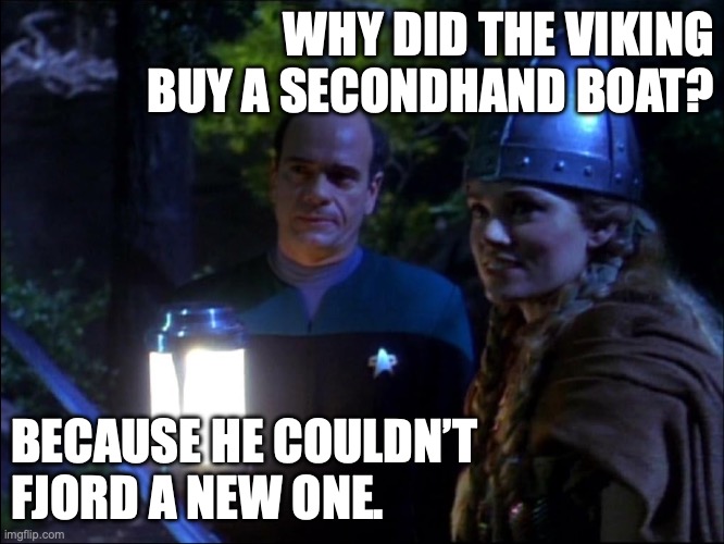 EMH with Viking Woman on Holodeck | WHY DID THE VIKING BUY A SECONDHAND BOAT? BECAUSE HE COULDN’T FJORD A NEW ONE. | image tagged in emh with viking woman | made w/ Imgflip meme maker