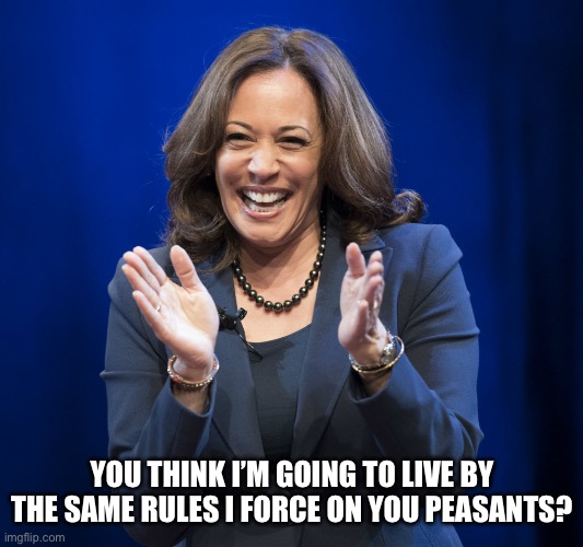 Kamala Harris laughing | YOU THINK I’M GOING TO LIVE BY THE SAME RULES I FORCE ON YOU PEASANTS? | image tagged in kamala harris laughing | made w/ Imgflip meme maker