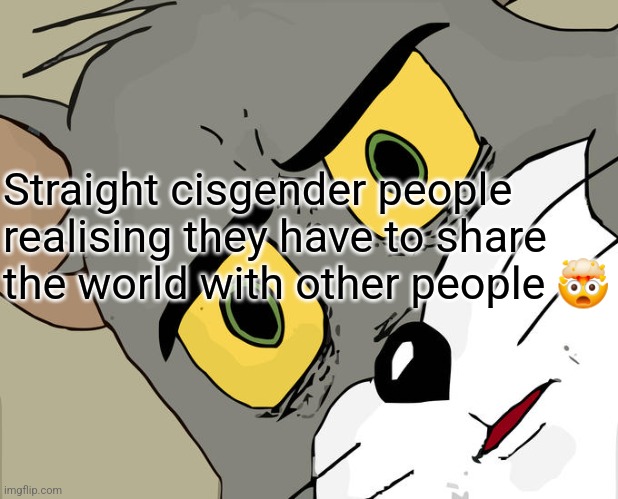 Straight cisgender people realising they have to share the world with other people ? | image tagged in memes,unsettled tom | made w/ Imgflip meme maker