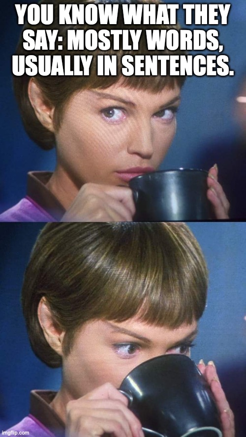 T'pol Musing on What They Say | YOU KNOW WHAT THEY SAY: MOSTLY WORDS, USUALLY IN SENTENCES. | image tagged in t'pol tea | made w/ Imgflip meme maker