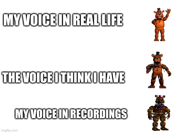 Fact | MY VOICE IN REAL LIFE; THE VOICE I THINK I HAVE; MY VOICE IN RECORDINGS | image tagged in fnaf | made w/ Imgflip meme maker