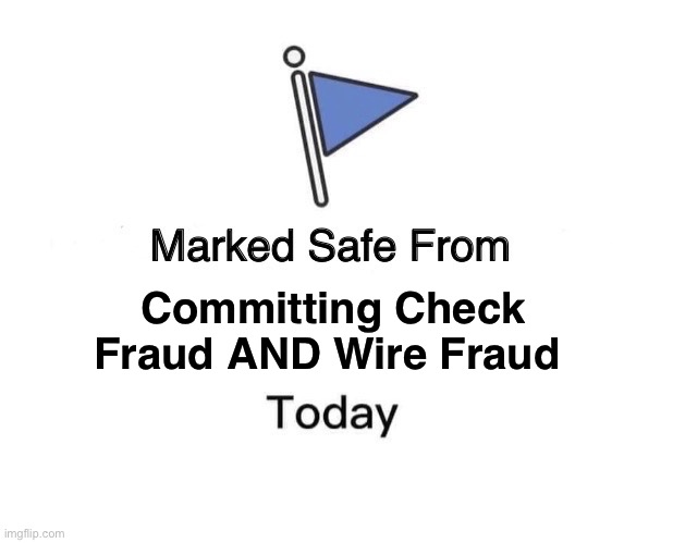 MSF check fraud | Committing Check Fraud AND Wire Fraud | image tagged in memes,marked safe from | made w/ Imgflip meme maker