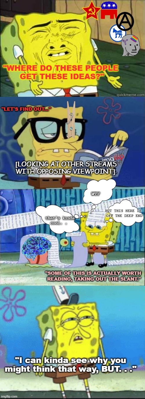 SpongeBob Gaining Perspective | "WHERE DO THESE PEOPLE 
GET THESE IDEAS?"; "LET'S FIND OUT..."; [LOOKING AT OTHER STREAMS WITH OPPOSING VIEWPOINT]; WTF; BUT THIS HERE IS 
OFF THE DEEP END; that's kinda
cool. . "SOME OF THIS IS ACTUALLY WORTH 
READING, TAKING OUT THE SLANT."; "I can kinda see why you might think that way, BUT. . ." | image tagged in sponge bob,spongebob reading a book,spongebob's list,spongebob money | made w/ Imgflip meme maker