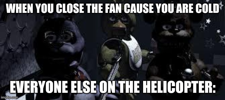 Oops | WHEN YOU CLOSE THE FAN CAUSE YOU ARE COLD; EVERYONE ELSE ON THE HELICOPTER: | image tagged in fnaf camera all stare | made w/ Imgflip meme maker