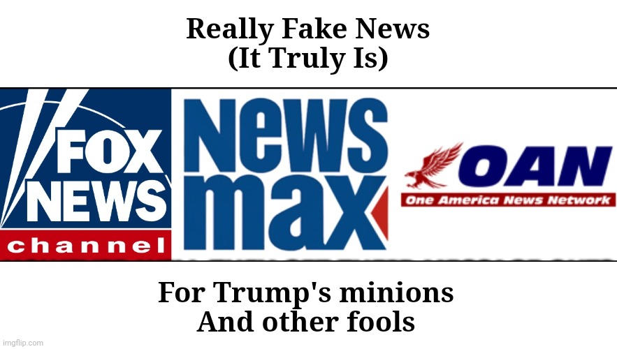 Fox, Newsmax, OAN right wing cable TV news | Really Fake News
(It Truly Is); For Trump's minions
And other fools | image tagged in fox newsmax oan right wing cable tv news | made w/ Imgflip meme maker