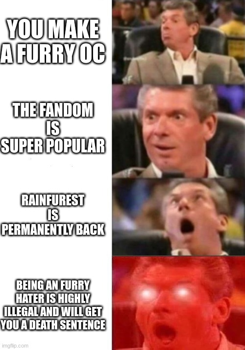 a furry´s dream | YOU MAKE A FURRY OC; THE FANDOM IS SUPER POPULAR; RAINFUREST IS PERMANENTLY BACK; BEING AN FURRY HATER IS HIGHLY ILLEGAL AND WILL GET YOU A DEATH SENTENCE | image tagged in mr mcmahon reaction | made w/ Imgflip meme maker