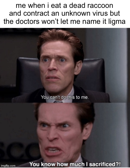 It’s so sad Nugget died of Ligma | me when i eat a dead raccoon and contract an unknown virus but the doctors won’t let me name it ligma | image tagged in you can't do this to me you know how much i sacrificed | made w/ Imgflip meme maker