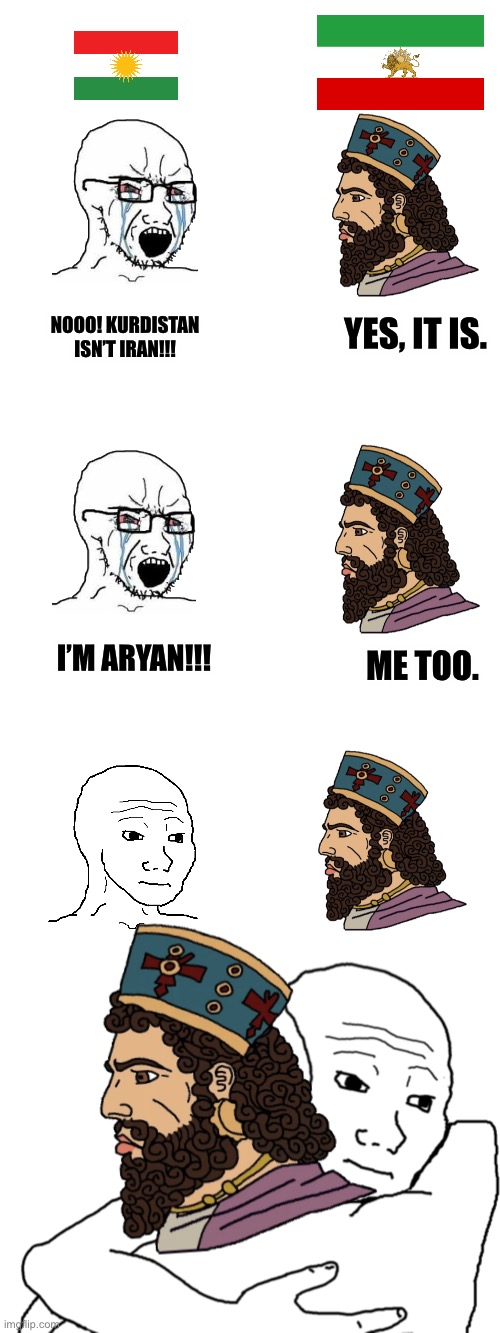 Wherever there are Kurds, there is Iran | NOOO! KURDISTAN ISN’T IRAN!!! YES, IT IS. I’M ARYAN!!! ME TOO. | image tagged in memes,wojak,iran,persian,aryan,kurdistan | made w/ Imgflip meme maker