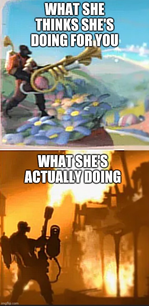 pyroland | WHAT SHE THINKS SHE'S DOING FOR YOU WHAT SHE'S ACTUALLY DOING | image tagged in pyroland | made w/ Imgflip meme maker