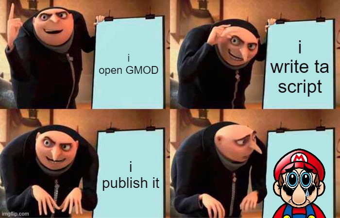 How i make smg4 fan vids | i open GMOD; i write ta script; i publish it | image tagged in memes,gru's plan | made w/ Imgflip meme maker