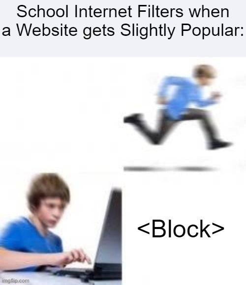 Sorry bro, this website is blocked! | School Internet Filters when a Website gets Slightly Popular:; <Block> | image tagged in kid runs to computer | made w/ Imgflip meme maker