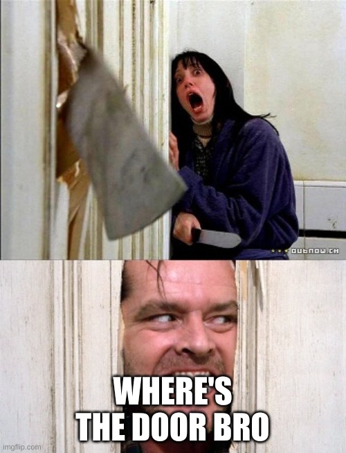 here's johnny | WHERE'S THE DOOR BRO | image tagged in here's johnny | made w/ Imgflip meme maker